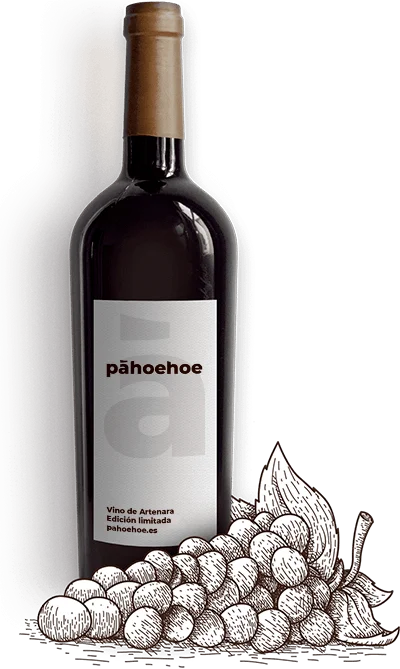botella pahoehoe vino de Artenara con uvas botella pahoehoe vino de Artenara con uvas